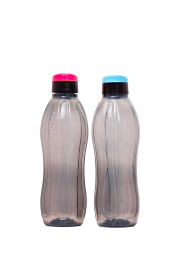Aquasafe Fliptop Water Bottle - 1 Litre | Reusable Fridge Bottle, BPA Free and Leak Proof Bottles for Travel, Work, Black with Pink/ Blue Cap Set of 2