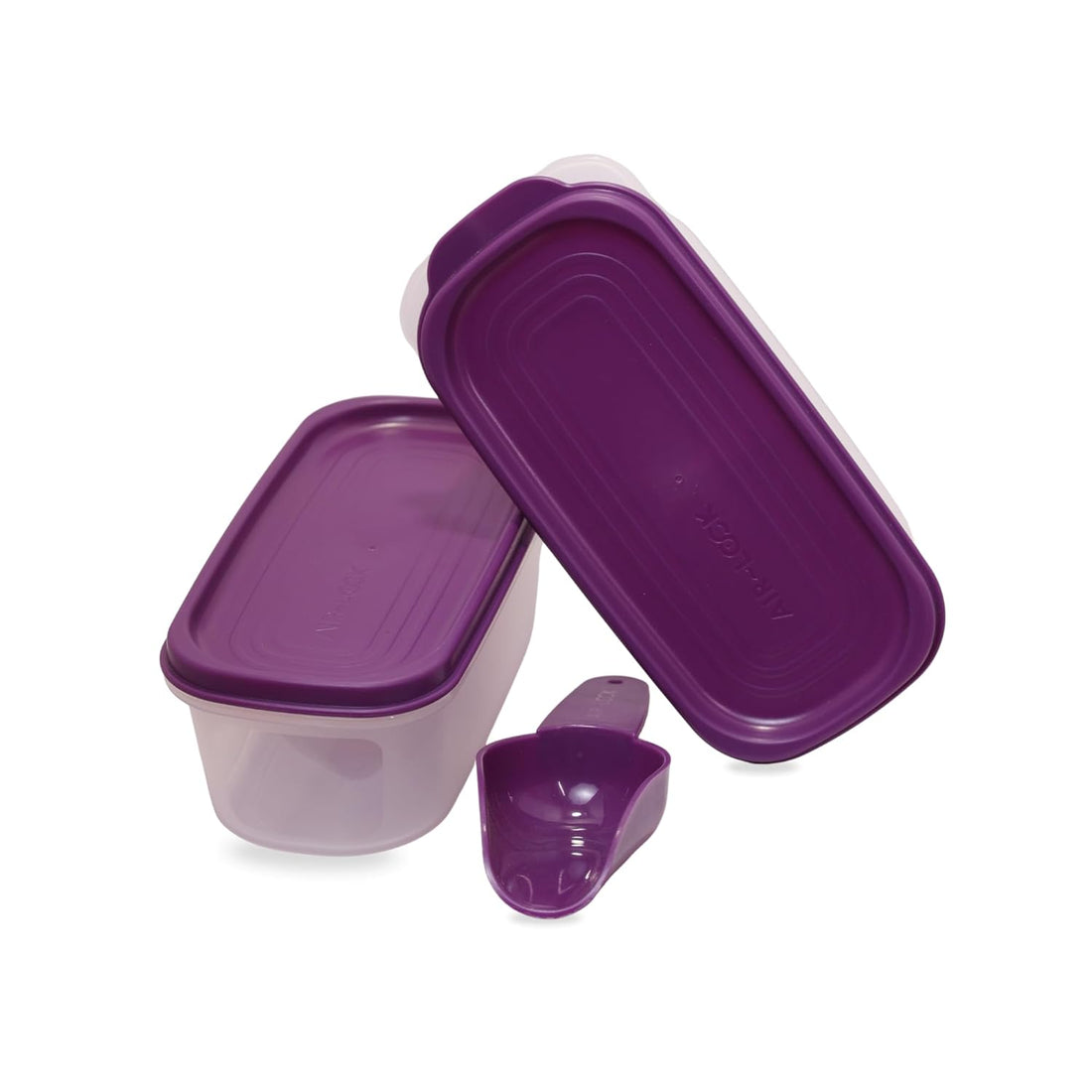 AirLock Keep It Dry Smart Saver Plastic Container Set with Free Spoon | Transparent Jars with Purple Lids | Airtight, Reusable Kitchen Storage Box | 500 ml Each | Set of 2