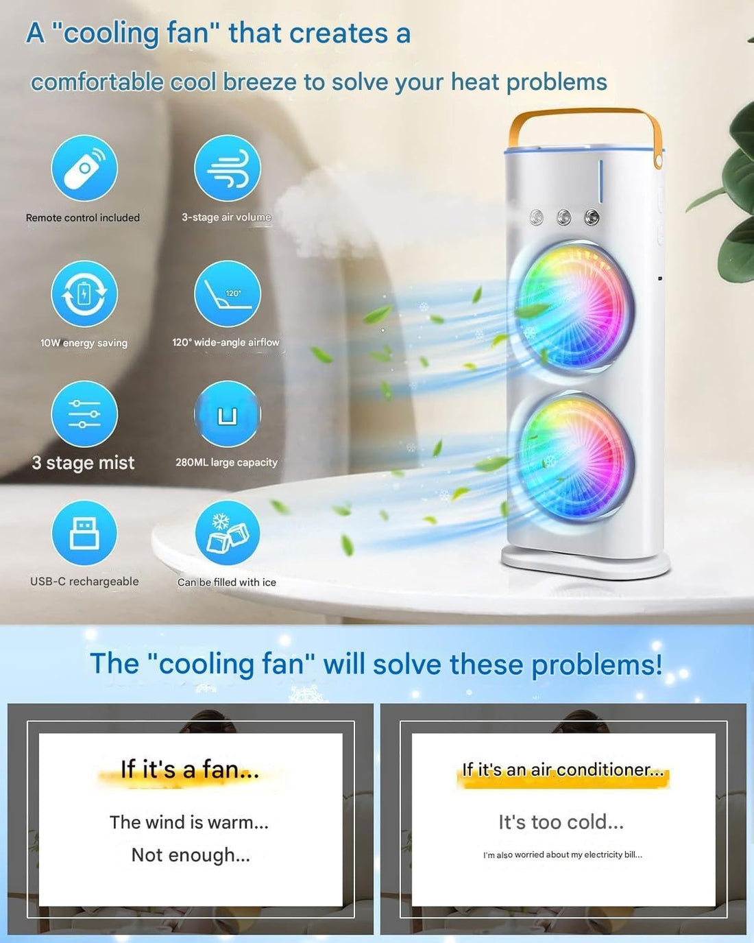 TEKCOOL 4000mAh Double Ended Spray Fan, Cold Air Fan, 2025 New 3 Gears USB Rechargeable Oscillating fan with LED Light Cooler Fan, Touch & Remote Control, 280ml Water Tank, Ice Filling Fan (White)