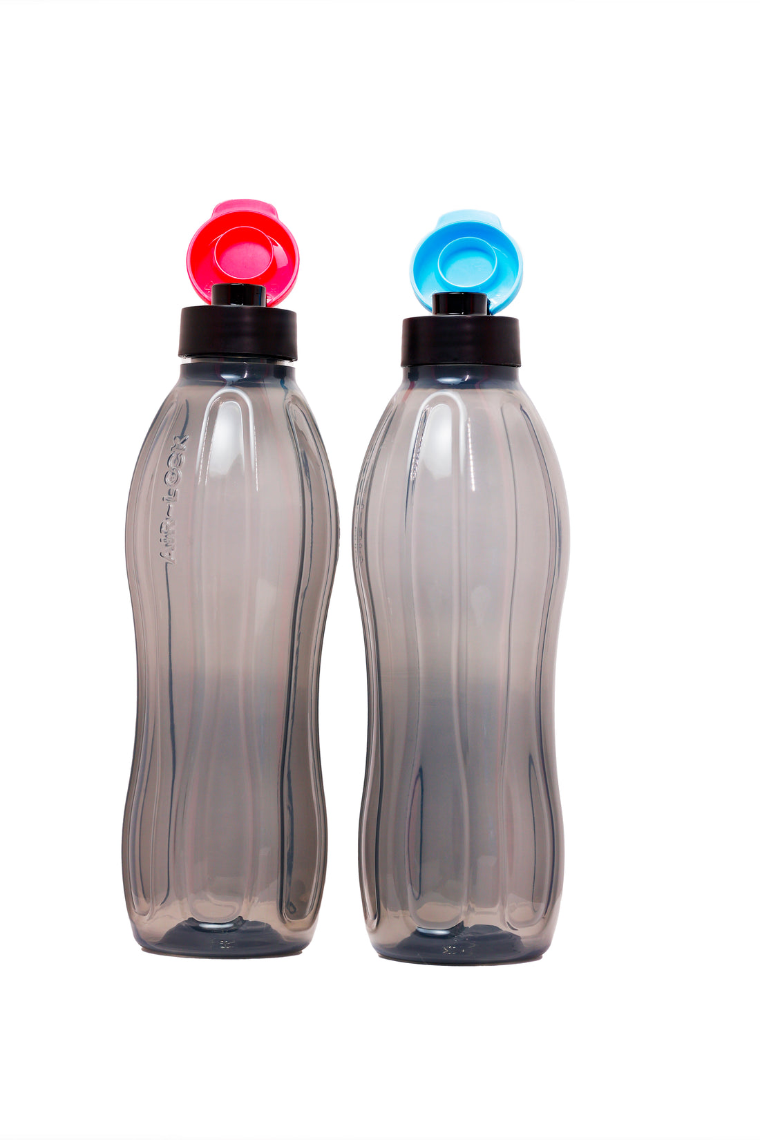 Aquasafe Fliptop Water Bottle - 1 Litre | Reusable Fridge Bottle, BPA Free and Leak Proof Bottles for Travel, Work, Black with Pink/ Blue Cap Set of 2