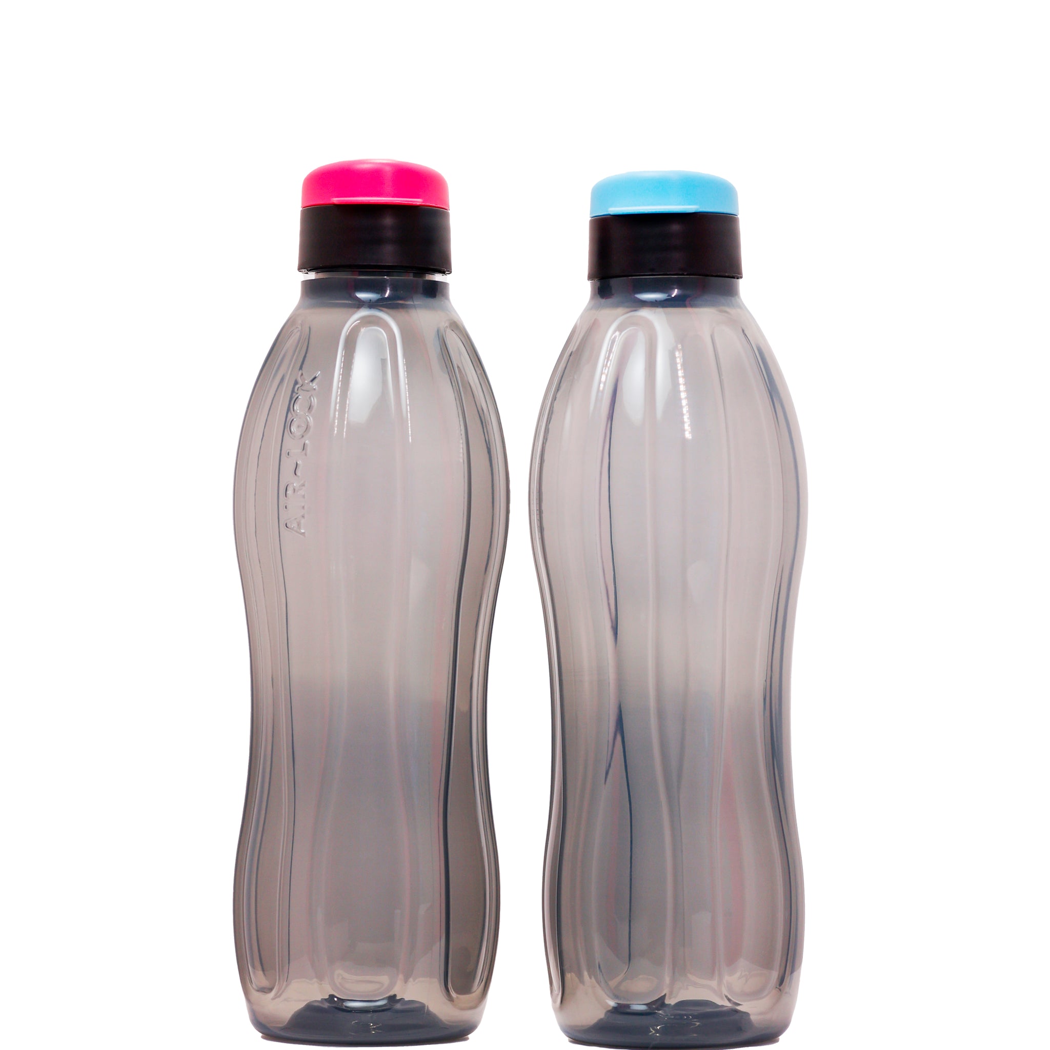 Aquasafe Fliptop Water Bottle - 1 Litre | Reusable Fridge Bottle, BPA Free and Leak Proof Bottles for Travel, Work, Black with Pink/ Blue Cap Set of 2
